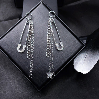 Asymmetrical Safety Pin Drop Earrings - Sterling Silver Posts