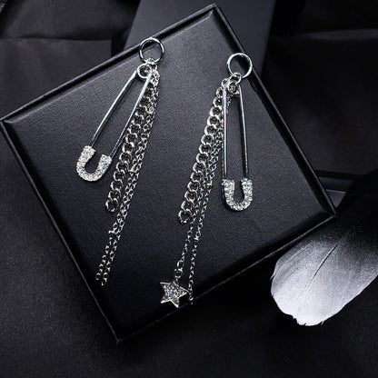 Asymmetrical Safety Pin Drop Earrings - Sterling Silver Posts