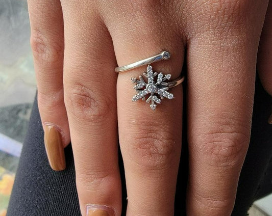.925 Sterling Silver CZ Snowflake Adjustable Ring