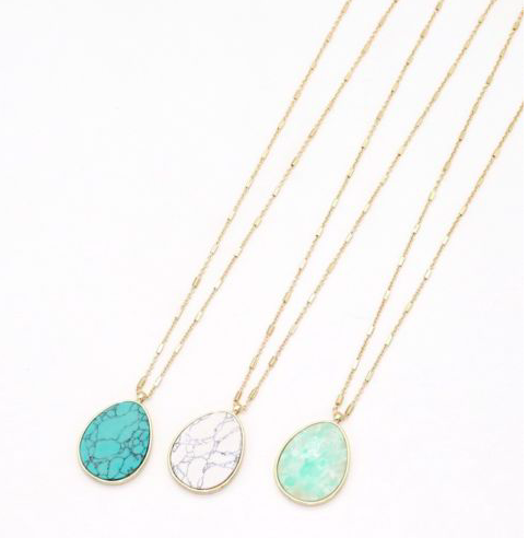 Stone Pendant Necklace Gold Teardrop Turquoise Marble