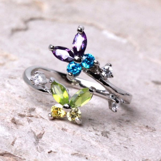 .925 Sterling Silver Multi Color CZ Butterflies Toe Ring