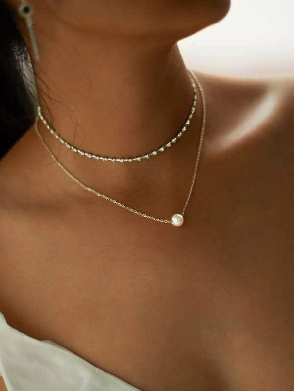 Faux Pearl Pendant Rhinestone Choker Necklace 2pcs | Fashion Hut Jewelry