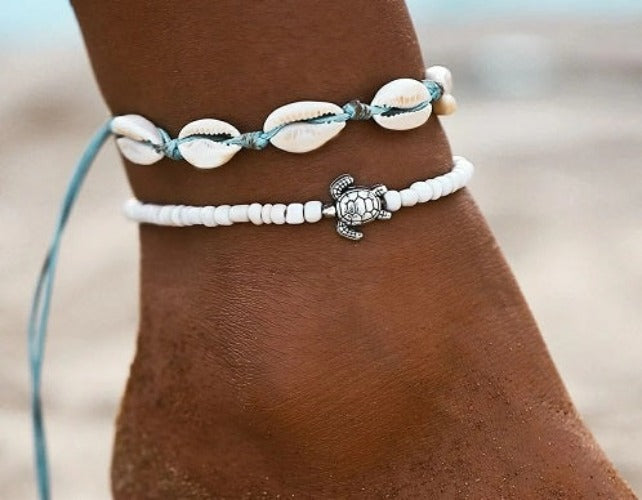 2PCS Boho Turquoise Shell Anklet with White Turtle Bead Ankle Bracelet | Fashion Hut Jewelry