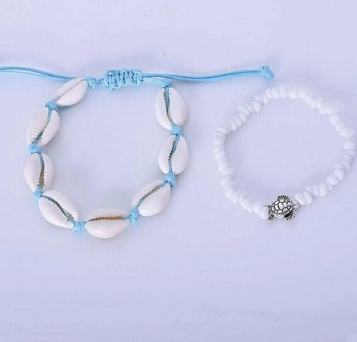 2PCS Boho Turquoise Shell Anklet with White Turtle Bead Ankle Bracelet | Fashion Hut Jewelry