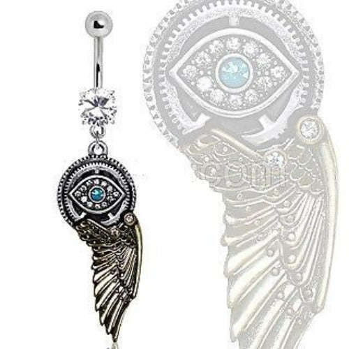 Gemmed Steampunk All Seeing Eye Navel Ring w/ Mechanical Wing Dangle Belly Ring | Fashion Hut Jewelry