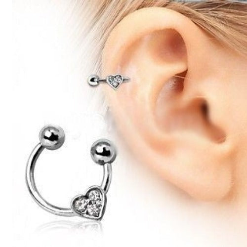 Horseshoe Cartilage Earring with Gemmed Heart | Fashion Hut Jewelry