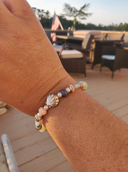 Shell Bracelet Summer Theme Multi Glass Bead Stretch Bracelet | Fashion Hut Jewelry