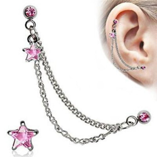 Silver CZ Star Cartilage Earring - Pink | Fashion Hut Jewelry