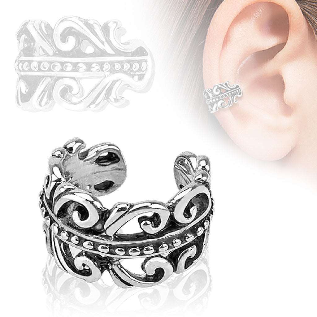 Carved Swirls Rhodium Plated Brass Non Piercing Ear Cuff | Fashion Hut Jewelry