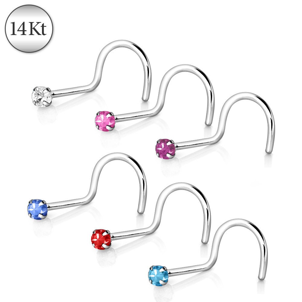 14Kt White Gold Screw Nose Ring with Prong Setting Gem | Fashion Hut Jewelry
