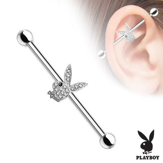 Clear Crystal Paved Playboy Bunny with Black Gem Eye 316L Surgical Steel Industrial Barbell | Fashion Hut Jewelry