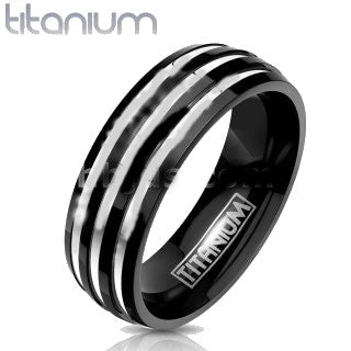 Three Stripes on a Black Band Ring Solid Titanium | Fashion Hut Jewelry