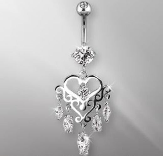 316L Surgical Steel Gemmed Chandelier Heart Dangle Navel Ring | Fashion Hut Jewelry