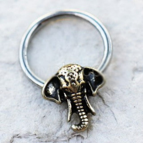316L Stainless Steel Antique Bronze Plated Elephant Snap-in Captive Bead Ring | Fashion Hut Jewelry