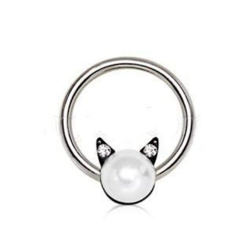 316L Stainless Steel Pearl Cat Snap-in Captive Bead Ring / Septum Ring | Fashion Hut Jewelry