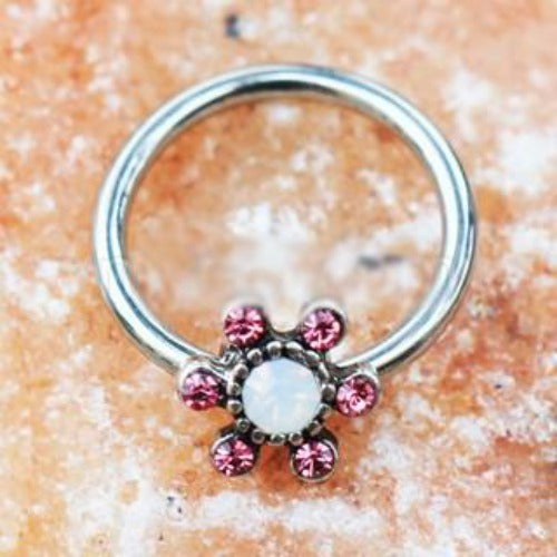316L Stainless Steel Jeweled Flower Snap-in Captive Bead Ring / Septum Ring | Fashion Hut Jewelry