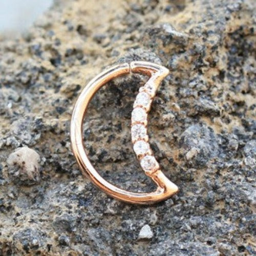 Annealed Rose Gold Jeweled Crescent Moon Cartilage Earring | Fashion Hut Jewelry