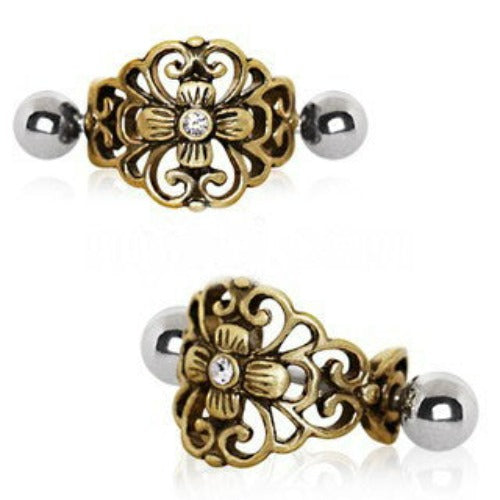 Antique Gold Gemmed Floral Cartilage Ear Cuff | Fashion Hut Jewelry