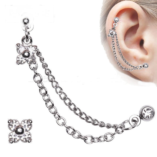 316L Surgical Steel Flower CZ Double Chained Cartilage Earring - Fashion Hut Jewelry