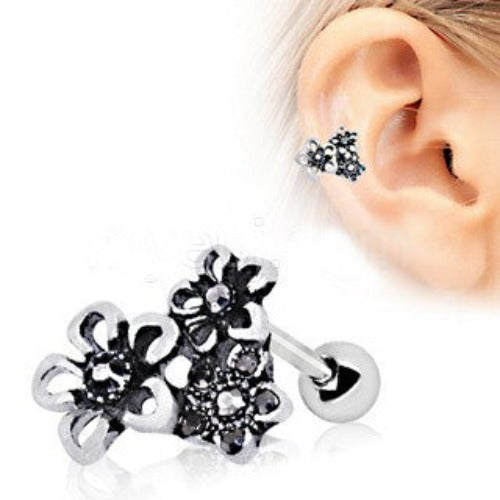316L Stainless Steel Triple Accented Flower Cartilage Earring | Fashion Hut Jewelry
