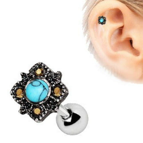 316L Stainless Steel Square Filigree Cartilage Earring with Turquoise - Fashion Hut Jewelry