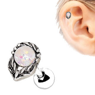 316L Stainless Steel Synthetic Opal Flower on a Stem Cartilage Earring | Fashion Hut Jewelry