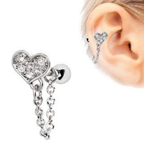 316L Stainless Steel Clear CZ Heart Chain Wrap Cartilage Earring - Fashion Hut Jewelry