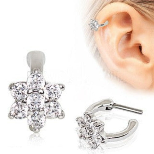 316L Stainless Steel CZ Flower Cartilage Clicker Earring - Fashion Hut Jewelry