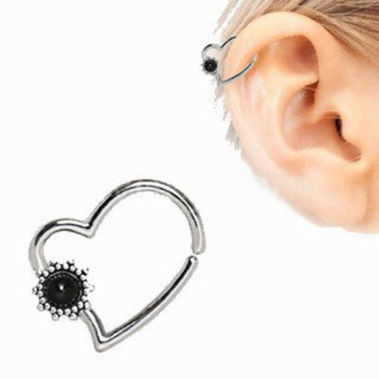 316L Stainless Steel Black Flower Heart Annealed Cartilage Earring | Fashion Hut Jewelry