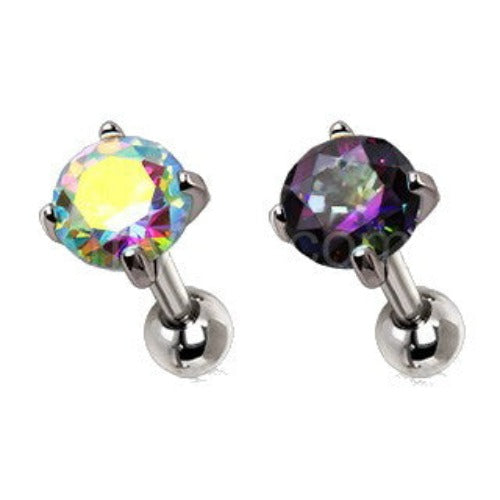316L Stainless Steel Prong Set Iridescent Cubic Cartilage Earring | Fashion Hut Jewelry