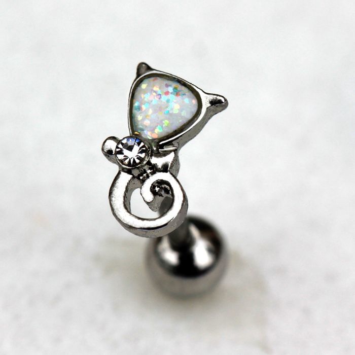 316L Stainless Steel White Synthetic Opal Cat Cartilage Earring | Fashion Hut Jewelry
