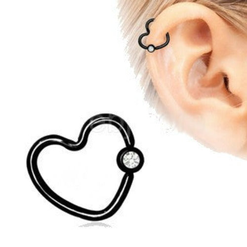 Black PVD Plated Heart Captive Bead Ring with Clear CZ - Fashion Hut Jewelry
