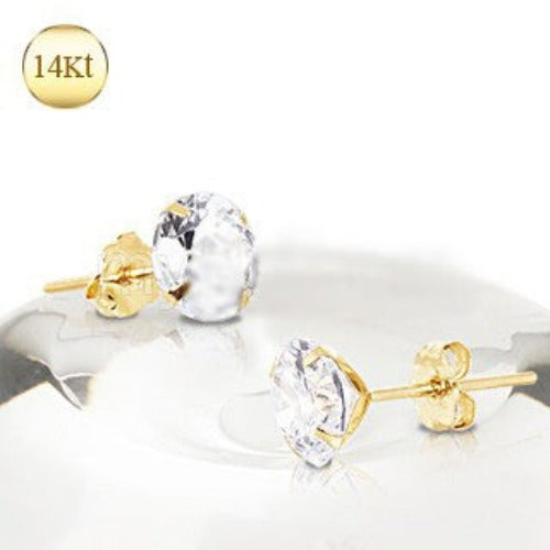 Pair of 14Kt Yellow Gold Clear Round CZ Stud Earrings | Fashion Hut Jewelry