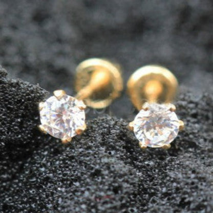 Pair of 14Kt. Yellow Gold Clear Round CZ Earring with Screw Back - Fashion Hut Jewelry