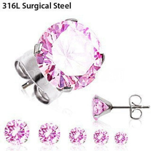 Pair of 316L Surgical Steel Pink Round CZ Stud Earrings | Fashion Hut Jewelry