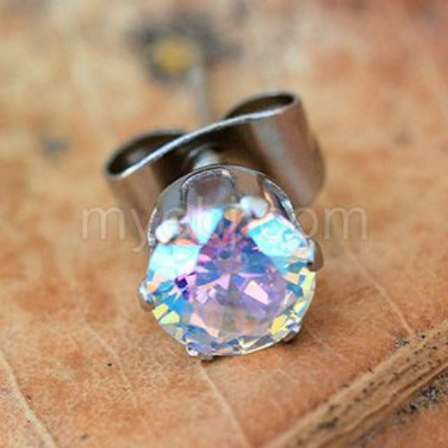 Pair of 316L Stainless Steel Aurora Borealis Round CZ Stud Earrings | Fashion Hut Jewelry