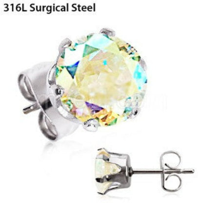 Pair of 316L Stainless Steel Aurora Borealis Round CZ Stud Earrings | Fashion Hut Jewelry