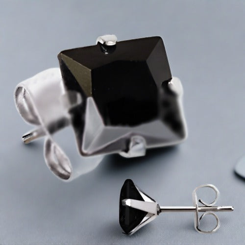 Pair of 316L Stainless Steel Black Princess Cut CZ Stud Earrings | Fashion Hut Jewelry