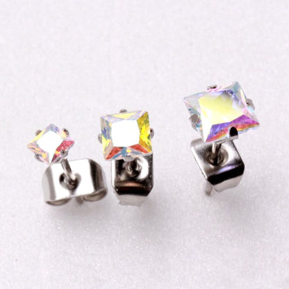 Pair of 316L Stainless Steel Aurora Borealis Princess Cut CZ Stud Earrings | Fashion Hut Jewelry