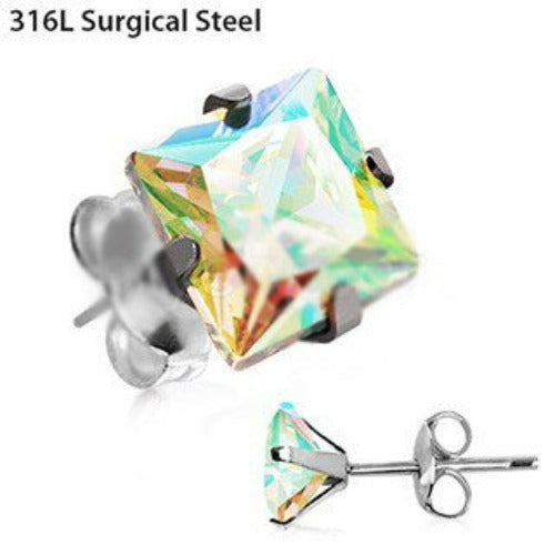 Pair of 316L Stainless Steel Aurora Borealis Princess Cut CZ Stud Earrings | Fashion Hut Jewelry