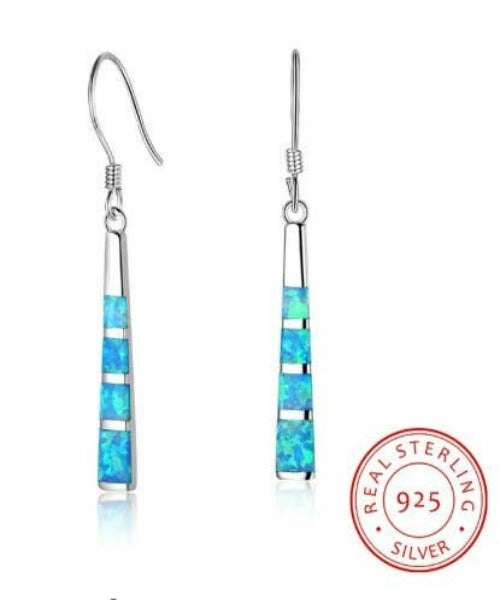 Sterling Silver Blue Fire Opal Ear Hook Long Dangle Earrings | Fashion Hut Jewelry