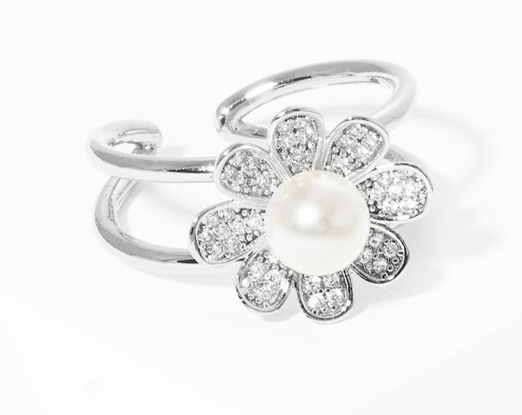 White Gold Dipped CZ Flower Acrylic Pearl Adjustable Ring | Fashion Hut Jewelry