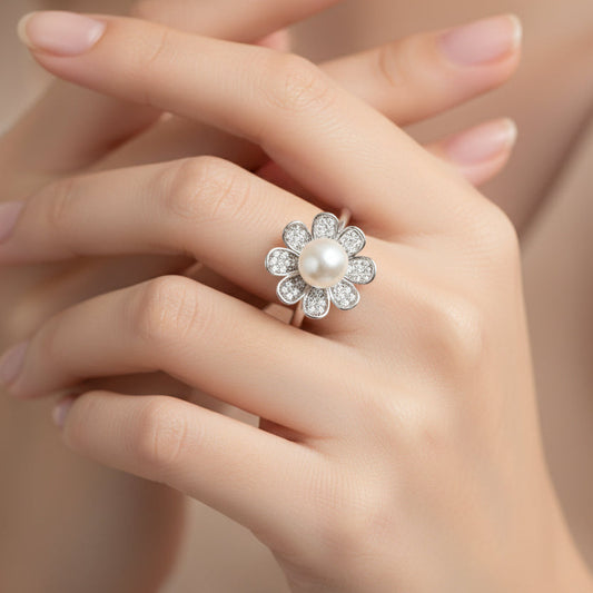 White Gold Dipped CZ Flower Acrylic Pearl Adjustable Ring | Fashion Hut Jewelry