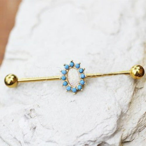 Gold Plated Halo White Synthetic Opal Industrial Barbell | Fashion Hut Jewelry
