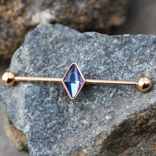 Rose Gold Plated Rhombus Shape CZ Industrial Barbell | Fashion Hut Jewelry