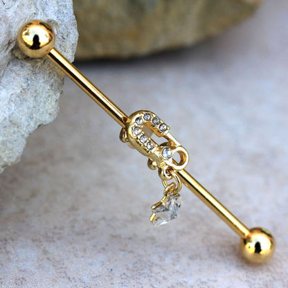 Gold Plated Jeweled Safety Pin and Star Industrial Barbell | Fashion Hut Jewelry