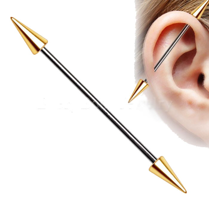 316L Stainless Steel Gold Plated Spike Industrial Barbell - Fashion Hut Jewelry