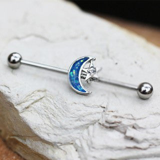 316L Stainless Steel Synthetic Opal Moon and Star Industrial Barbell | Fashion Hut Jewelry