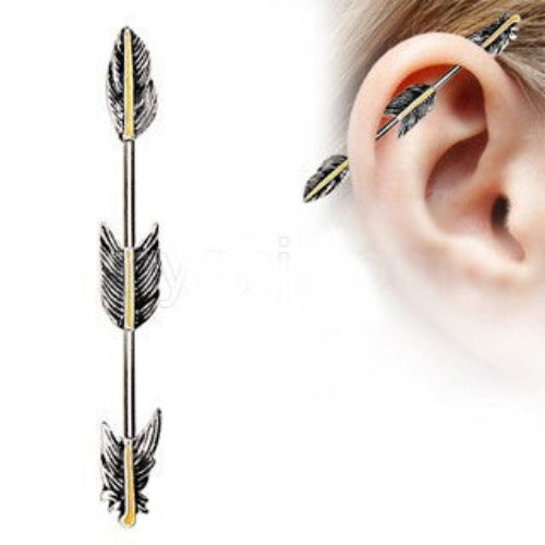 316L Stainless Steel Industrial Barbell with Golden Triple Tier Feathers | Fashion Hut Jewelry