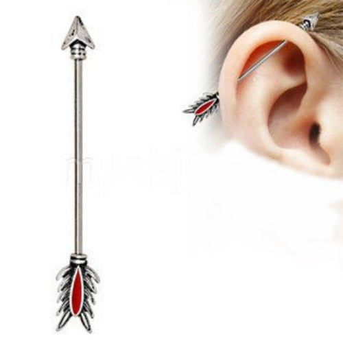 316L Stainless Steel Antique Tribal Arrow Industrial Barbell with Red Feather | Fashion Hut Jewelry